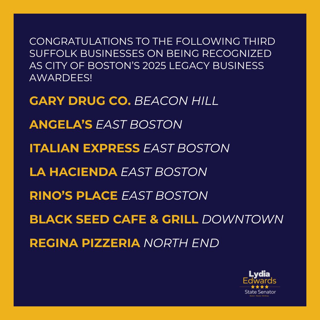 Congratulations to the 2025 @cityofboston Legacy Business Awardees from Third Suffolk! 

These outstanding businesses, nominated by members of the Boston community, represent the heart and soul of their neighborhoods.

1/2