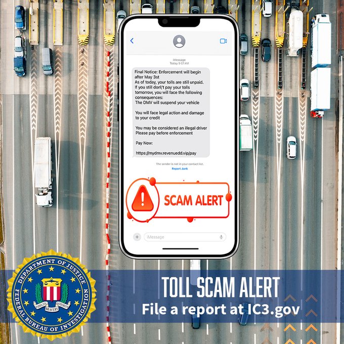 miFBIElPaso's tweet photo. El #FBIEPaso quiere advertir al público de #estafas de #toll . 

No responda ni haga clic en el enlace de los textos. 
Presente una denuncia en el Centro de Denuncias de Delitos en Internet del FBI - https://t.co/j9CNnQpEig.

Más información: https://t.co/VgljMXToHQ https://t.co/w6dL9MPSJ9