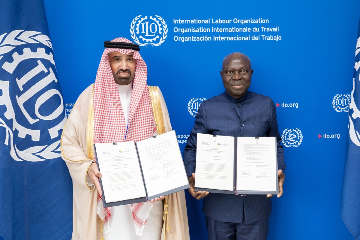 ILO Arab States - منظمة العمل الدولية (@iloarabstates) on Twitter photo Saudi Arabia and <a href="/ilo/">International Labour Organization</a> seal new phase of joint work to advance decent work reforms.
The third phase of the development cooperation programme and two institutional agreements were signed to strengthen labour governance, #SocialProtection and #worker_rights, and support long-term Saudi Arabia and <a href="/ilo/">International Labour Organization</a> seal new phase of joint work to advance decent work reforms.
The third phase of the development cooperation programme and two institutional agreements were signed to strengthen labour governance, #SocialProtection and #worker_rights, and support long-term