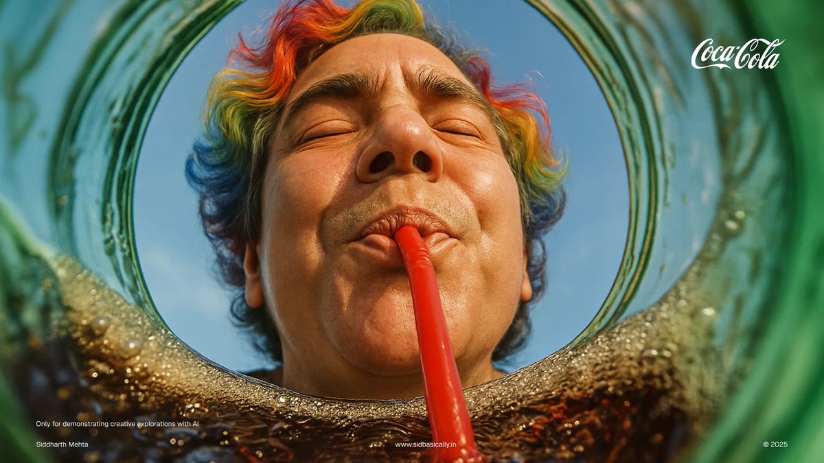 Dear <a href="/CocaCola/">Coca-Cola</a>,  I saw the  joy unfold from inside the bottle 

I made these visuals using AI and I couldn’t stop imagining that there’s something about this angle, this expression, that captures more than just a sip of Coca-Cola. <a href="/CocaColaCo/">The Coca-Cola Co.</a> <a href="/WorldofCocaCola/">World of Coca-Cola</a>