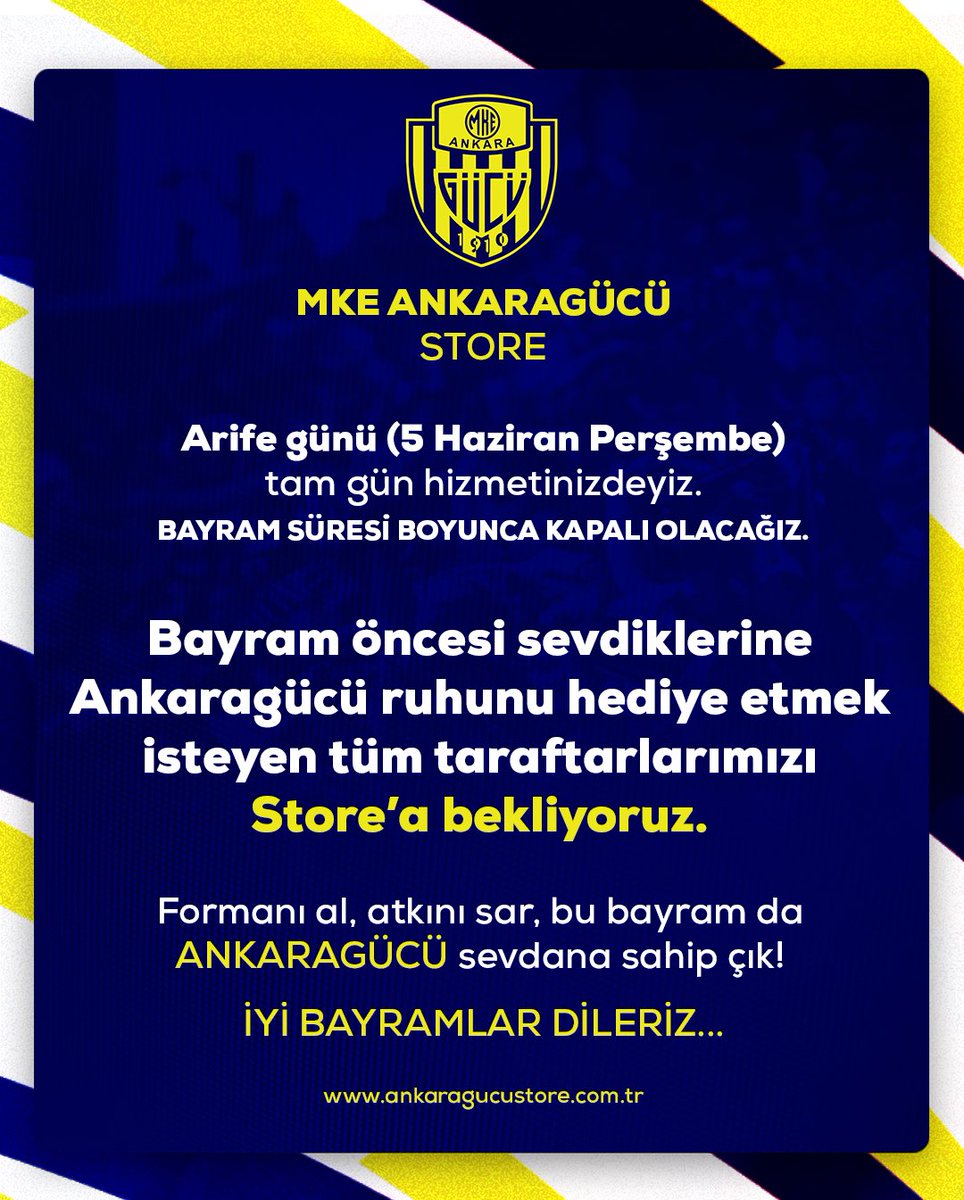 Birlik, beraberlik ve dayanışmanın simgesi olan bu mübarek bayram öncesinde,
Ankaragücü Store kapılarını arife günü boyunca tam mesai açık tutuyor.

Gel, sevdiklerine bir forma hediye et;
Atkını sar, bayramı ANKARAGÜCÜ coşkusuyla karşıla!
Bu bayramda arma sevdamızla buluşalım.