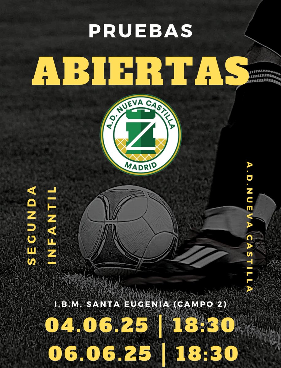 Ven a probar con nosotros, buscamos jugadores de categoría infantil 💪🏼⚽

Ultima semana de pruebas 💛💚 

#ADNuevaCastilla💛💚