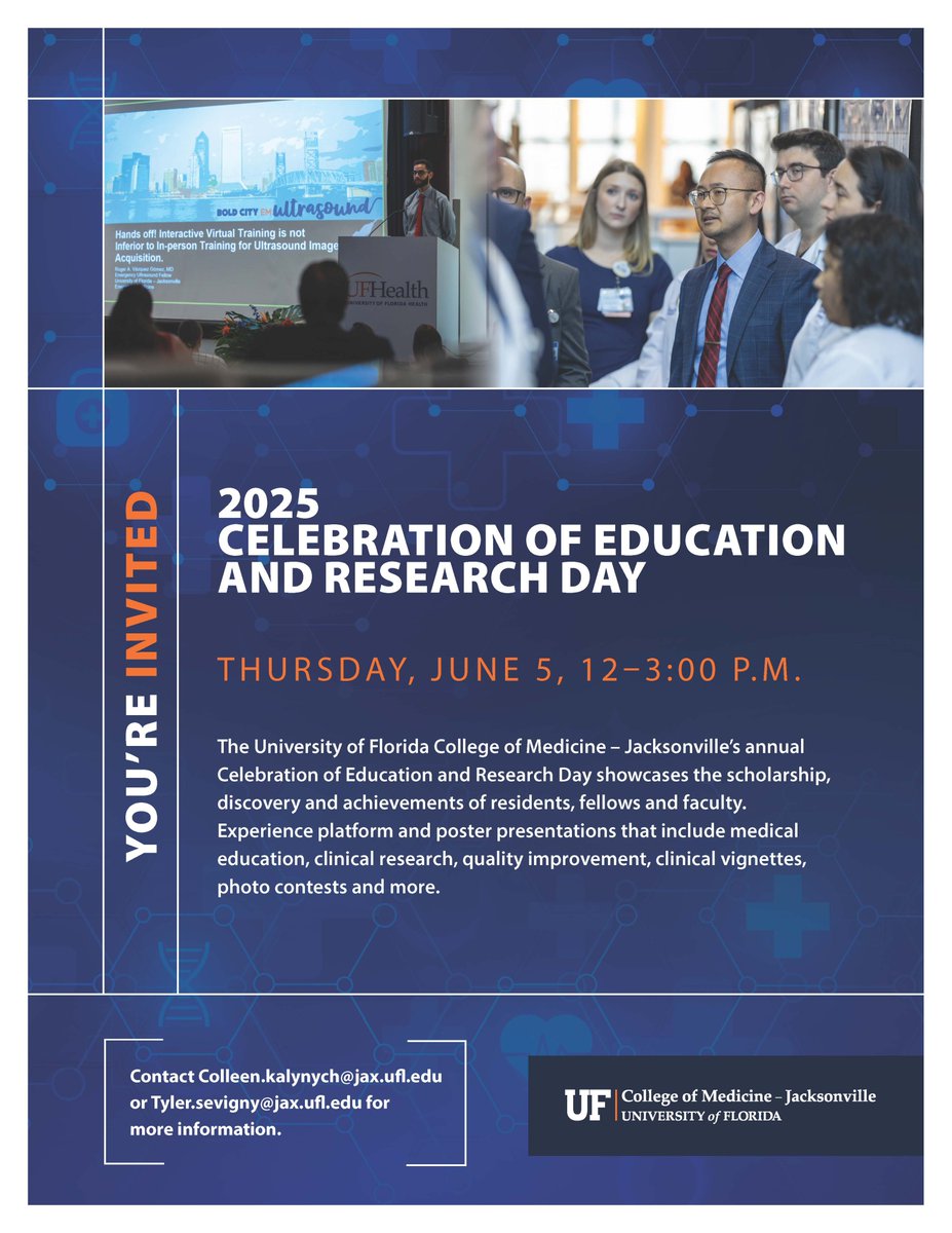 UFMedicineJax's tweet image. We are one day away from the Celebration of Education and Research! It's one of the most exciting times of the year as faculty, residents and fellows present their educational and research findings they've worked so hard on throughout the academic year. Join us tomorrow!