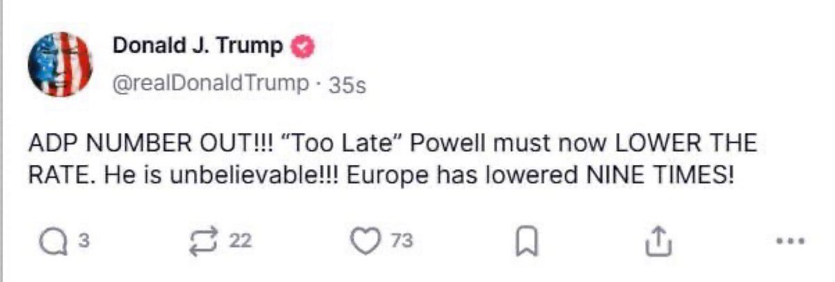 🔴 #URGENTE 

🇺🇸#TRUMP ha publicado:

“#Powell ha tardado demasiado. La economía necesita un recorte YA. ¡La inflación está bajo control, pero las tasas siguen aplastando el crecimiento!”