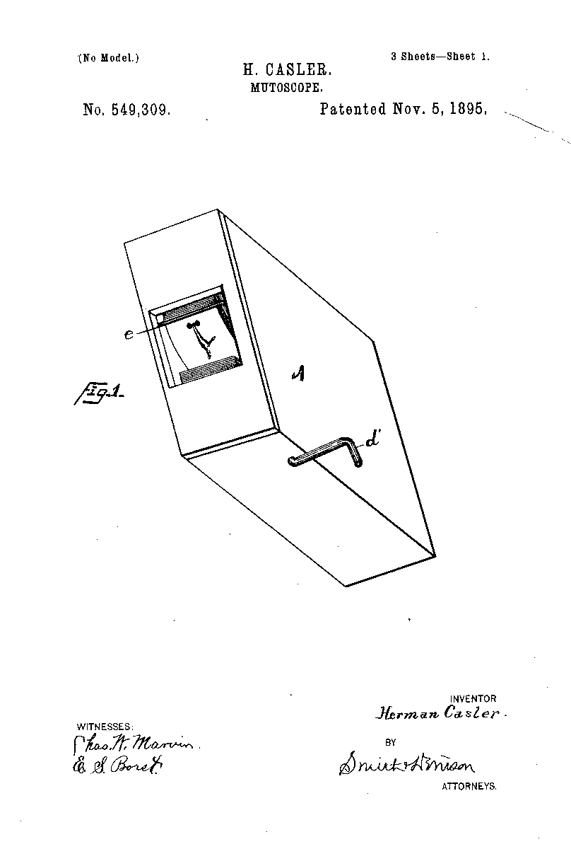 RealPreCinema's tweet photo. Applied for on 21 November 1894 and granted 5 November 1895, US patent № 549309 was granted to #HermanCasler who used the generic name #Mutoscope.
It was a hand-cranked rotating photographic card device originally intended as a table-top toy. The Mirror which is not shown in the patent illustration was added later to reflect light downward onto the pictures and is seen in the photograph.