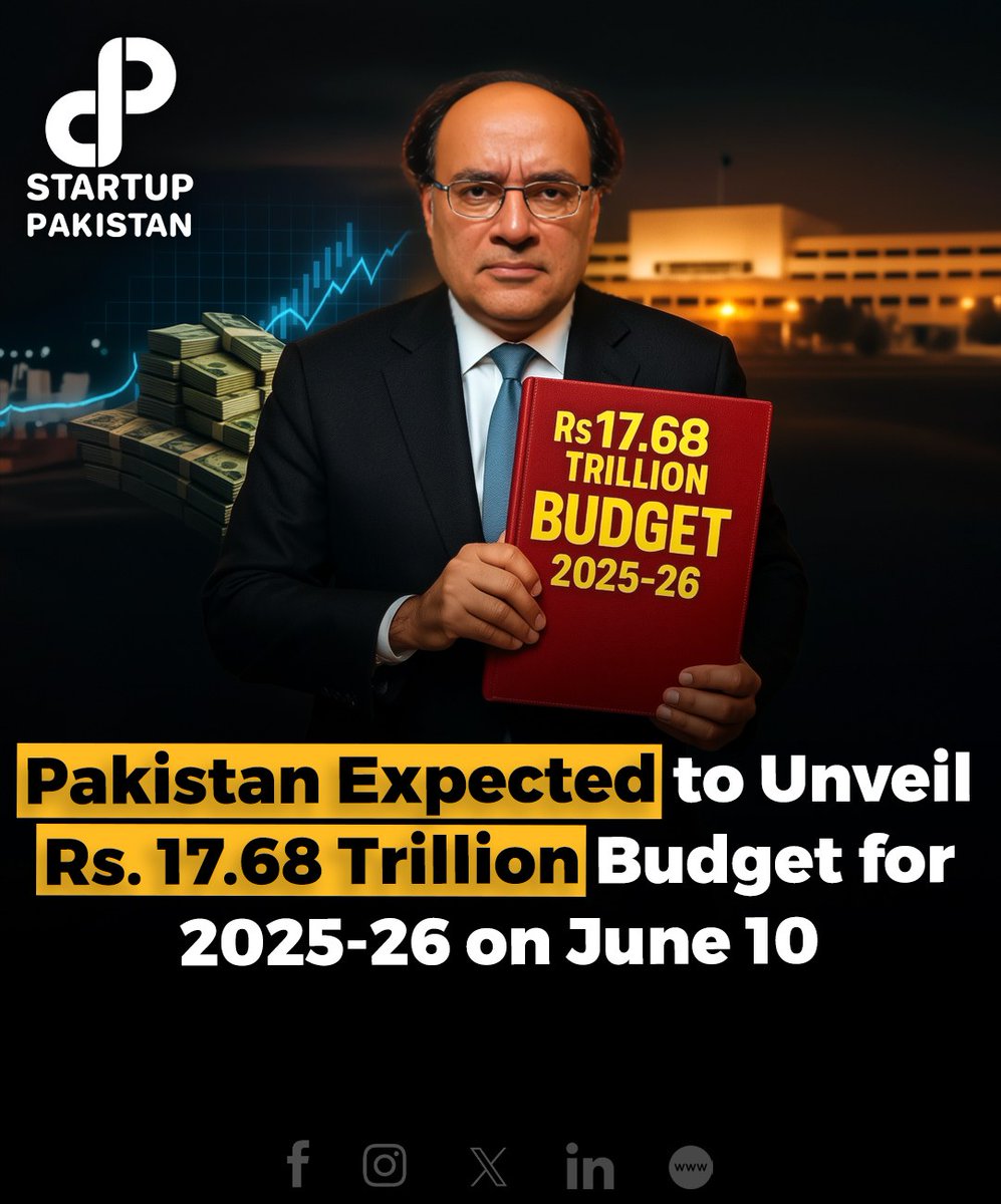 PakStartup's tweet image. The Government of Pakistan is expected to present the Rs17.68 trillion budget for the fiscal year 2025-26 on June 10 

Disclaimer: Image is AI-generated and is used for creative purposes only

#PakistanBudget2025 #Economy #Austerity #FiscalPolicy #BudgetNews