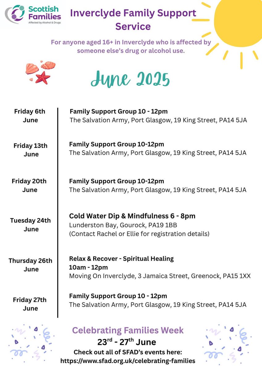 Inverclyde's Community Link Workers (@inverclyde_clw) on Twitter photo Inverclyde Family Support Service programme for June 2025. All activities open to anyone aged 16+ in Inverclyde who are affected by someone else's alcohol or drug use. <a href="/CVSInverclyde/">CVS Inverclyde</a> <a href="/InverclydeHSCP/">Inverclyde HSCP</a> Inverclyde Family Support Service programme for June 2025. All activities open to anyone aged 16+ in Inverclyde who are affected by someone else's alcohol or drug use. <a href="/CVSInverclyde/">CVS Inverclyde</a> <a href="/InverclydeHSCP/">Inverclyde HSCP</a>