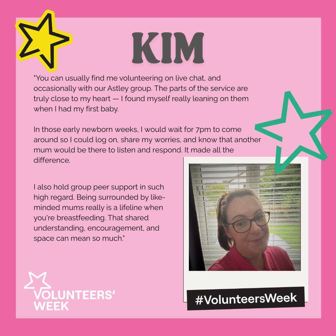 Kim volunteers over at our Wigan groups and on Live Chat 📷
Mums can access breastfeeding support no matter where they live with our free groups and online support, we know that babies don't feed 9am-5pm!

Access support very evening 7pm-10pm on our website 📷

#VolunteersWeek