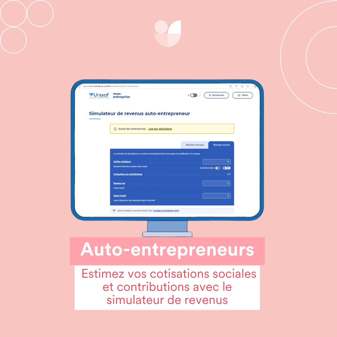 Un simulateur de revenus est mis à disposition par l’Urssaf pour les autoentrepreneurs.
Il permet d’estimer les cotisations sociales et contributions à partir du chiffre d’affaires prévisionnel, facilitant ainsi la gestion de l’activité.
Tester👉 bit.ly/3lF0DTv