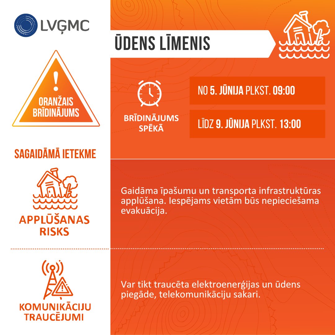 🌧️Tuvākajā diennaktī plašā Latvijas teritorijā gaidāmas intensīvas lietusgāzes. 
⚠️Latvijas rietumu daļā intensīvais lietus radīs īslaicīgu zemāko teritoriju applūšanu un ūdenslīmeņa paaugstināšanos upēs. Centrālajos un īpaši austrumu rajonos plaši applūdīs zemākās teritorijas.
