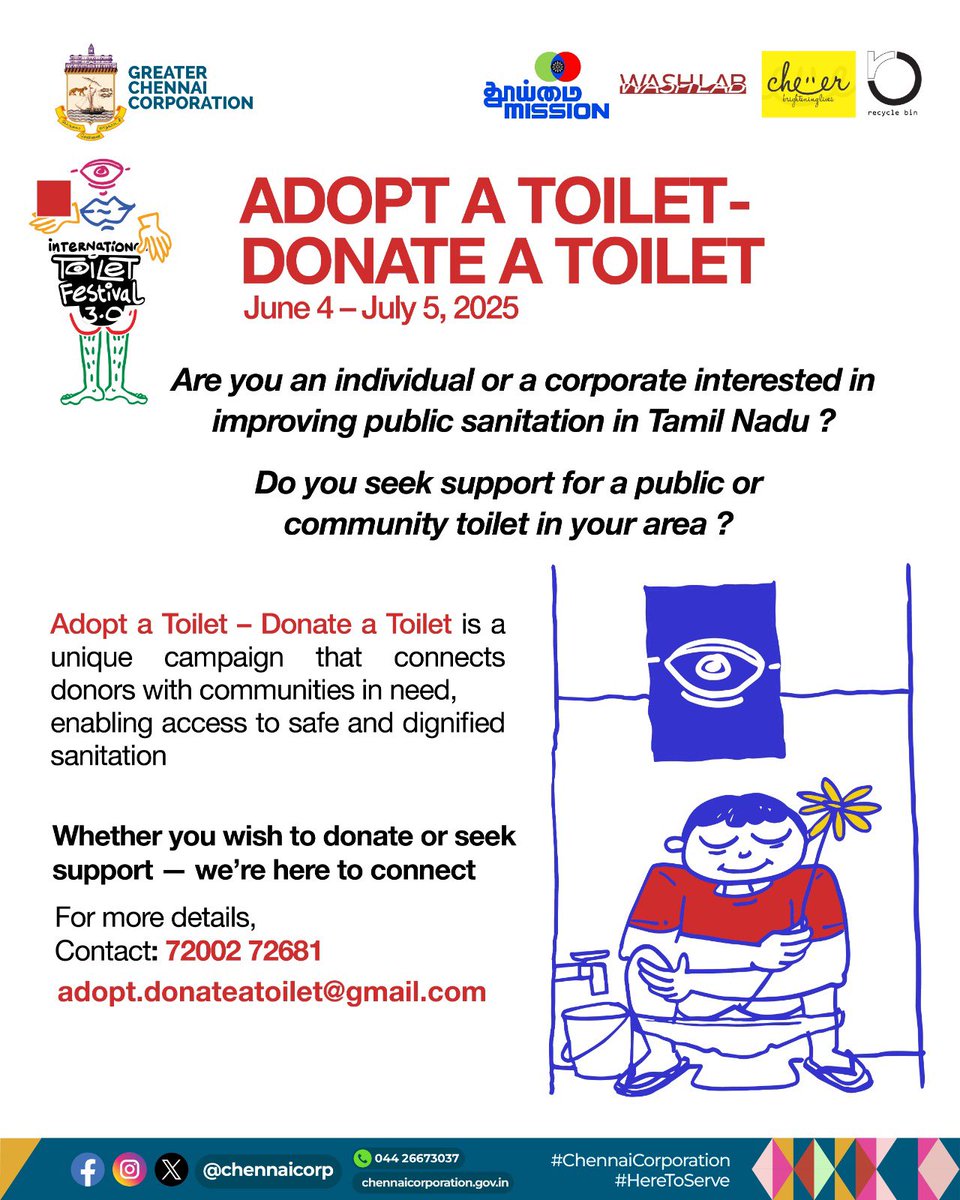 chennaicorp's tweet photo. (2/2)

#ChennaiCorporation | #HereToServe | #ToiletFestival | #SanitationForAll | #WASH | #RecycleForChange | #OnceInaLOO https://t.co/bWg4z32pyL