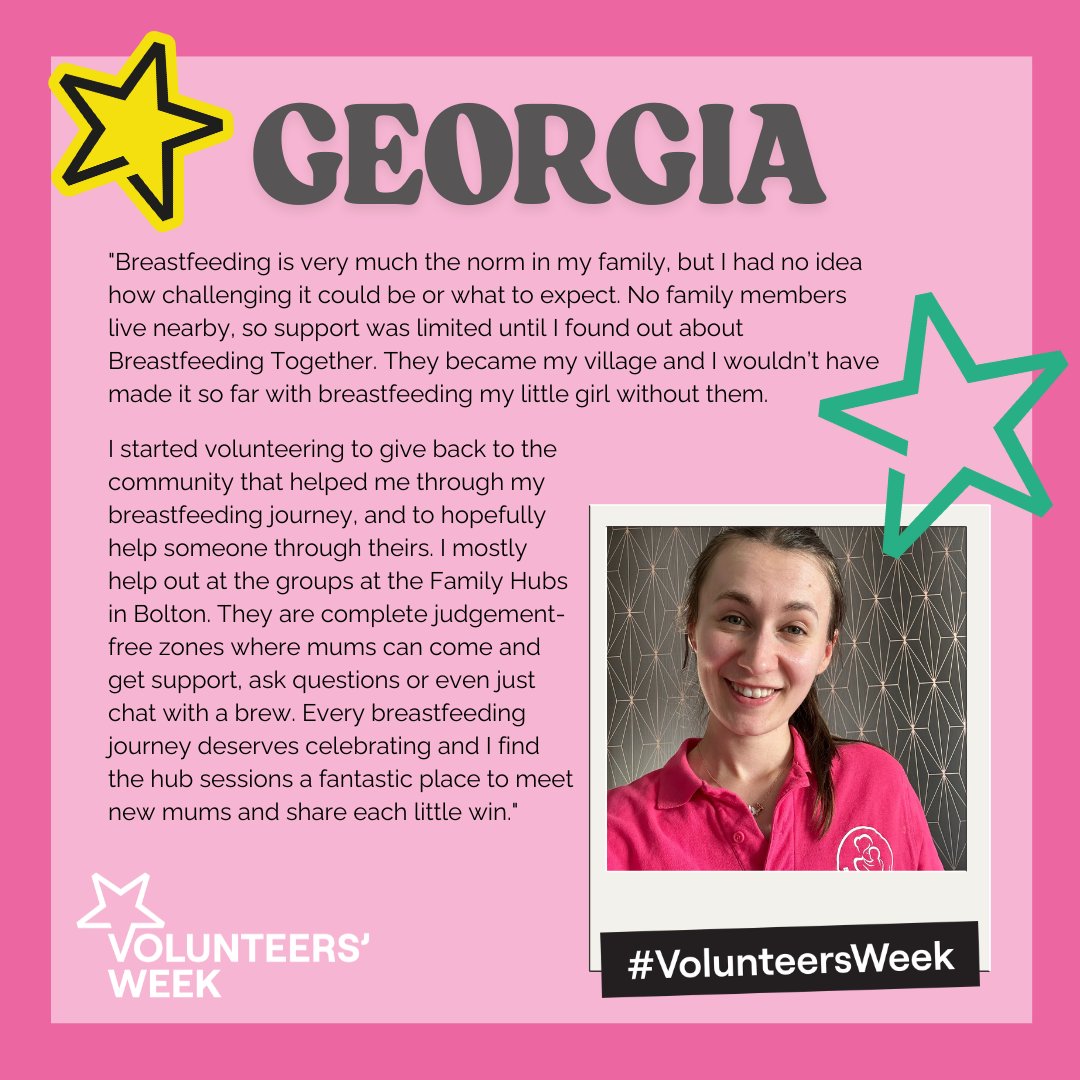 Georgia recently trained with BfT and spends a lot of her time volunteering at our groups in Bolton Family Hubs 📷
Here she explains how they helped her throughout her breastfeeding journey and inspired her to train to support others too 📷

#VolunteersWeeks