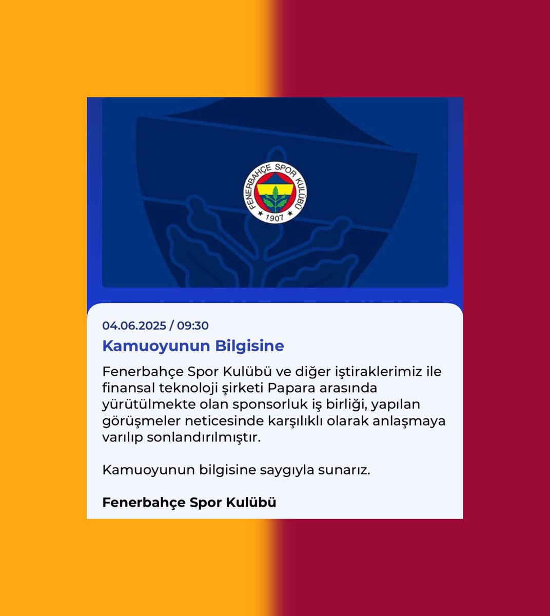 😊Fenerbahçe, bu sabah sessiz sedasız internet sitesinden Papara ile olan sponsorluk sözleşmesinin bittiğini yayınladı. 

Resmi hesaplarından herhangi bir paylaşım gelmedi.