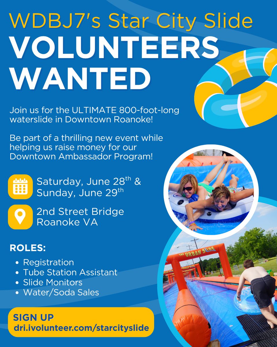 Want to be part of the coolest fundraiser in Roanoke? Then sign up to work with us at WDBJ7's Star City Slide. ⭐🏙️💧🛝

📅 Saturday, June 28th &amp; Sunday, June 29th
📍 2nd Street Bridge

⭐ Volunteer ➡️ dri.ivolunteer.com/starcityslide ⭐