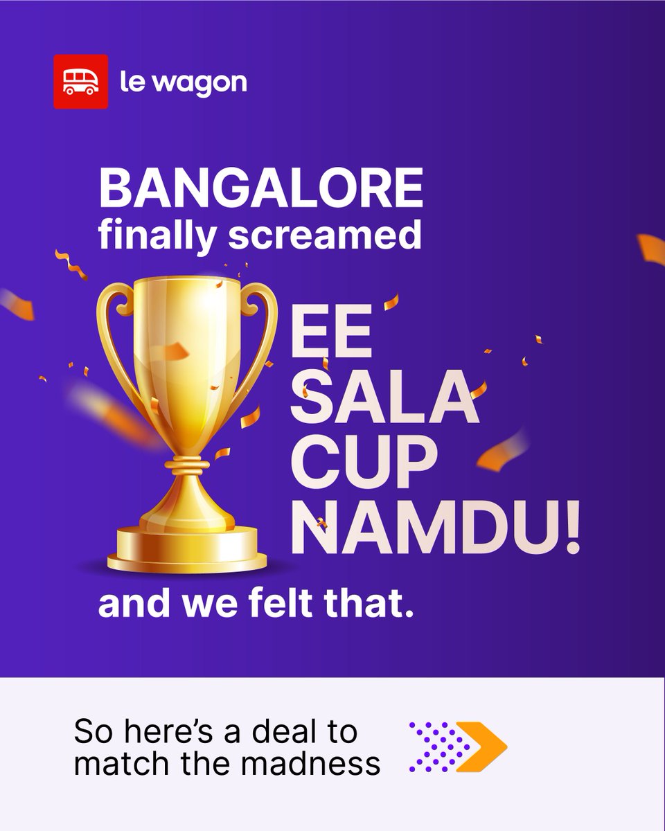lewagonindia's tweet photo. The city’s buzzing, the cup is home, and your career could be next in line.
 
Bangalore’s on a winning streak, and we’re riding the high with a limited-time offer on our Web Dev &amp; AI bootcamp! https://t.co/t0DHAse3lx