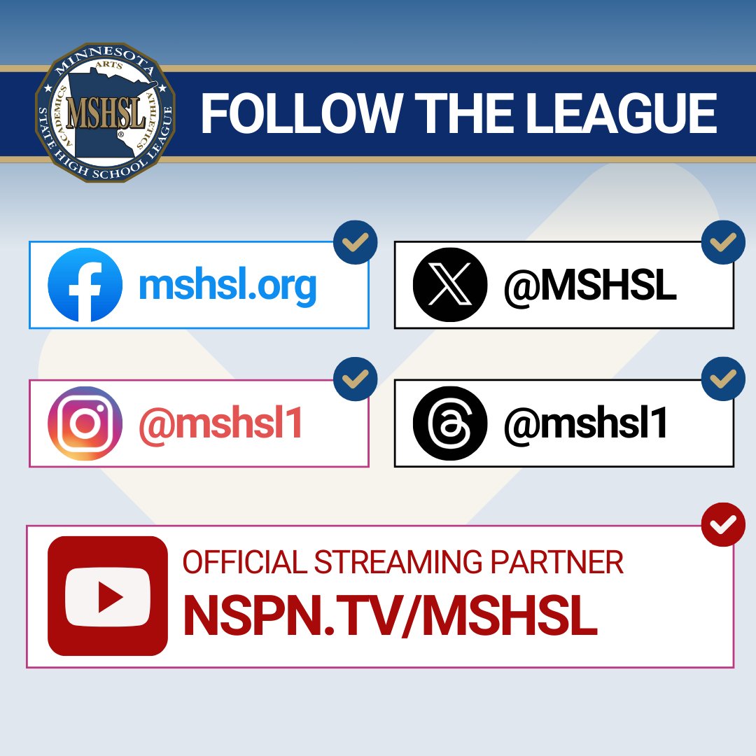 Minnesota State High School League (@mshsl) on Twitter photo Watch state tournament live streams via <a href="/NSPNminnesota/">NSPN - Minnesota</a>, our official streaming partner.
🎥 nspn.tv/mshsl Watch state tournament live streams via <a href="/NSPNminnesota/">NSPN - Minnesota</a>, our official streaming partner.
🎥 nspn.tv/mshsl