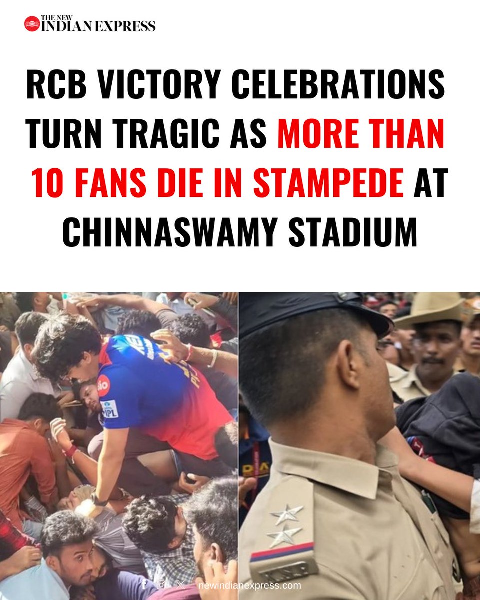 The victory celebrations of #RCB fans turned tragic as more than 10 people including a woman and a boy died in a #stampede outside the #ChinnaswamyStadium on Wednesday afternoon.

🔗newindianexpress.com/cities/bengalu…