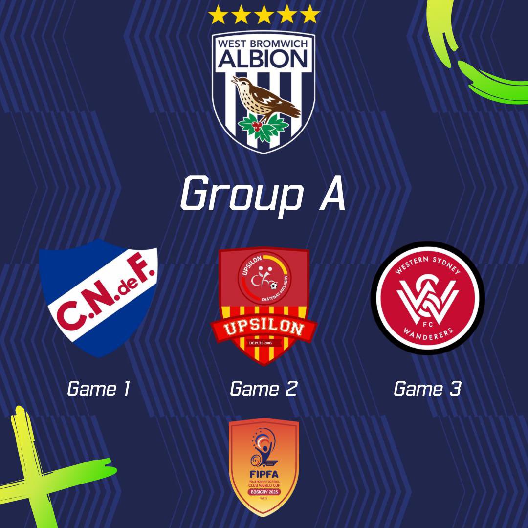 WBA Powerchair Football Club (@wba_pfc) on Twitter photo Our Baggies have been drawn in Group A for the <a href="/OfficialFIPFA/">FIPFA</a> Club World Cup!
Vs Club Nacional de Football ๐บ๐พ
Vs Upsilon Chรขtenay-Malabry ๐ซ๐ท
Vs Western Sydney Wanderers ๐ฆ๐บ
The tournament will take place in Paris, 23rd - 27th June!
<a href="/WBAFoundation/">The Albion Foundation</a> | #WBA | #PowerchairFootball Our Baggies have been drawn in Group A for the <a href="/OfficialFIPFA/">FIPFA</a> Club World Cup!
Vs Club Nacional de Football ๐บ๐พ
Vs Upsilon Chรขtenay-Malabry ๐ซ๐ท
Vs Western Sydney Wanderers ๐ฆ๐บ
The tournament will take place in Paris, 23rd - 27th June!
<a href="/WBAFoundation/">The Albion Foundation</a> | #WBA | #PowerchairFootball