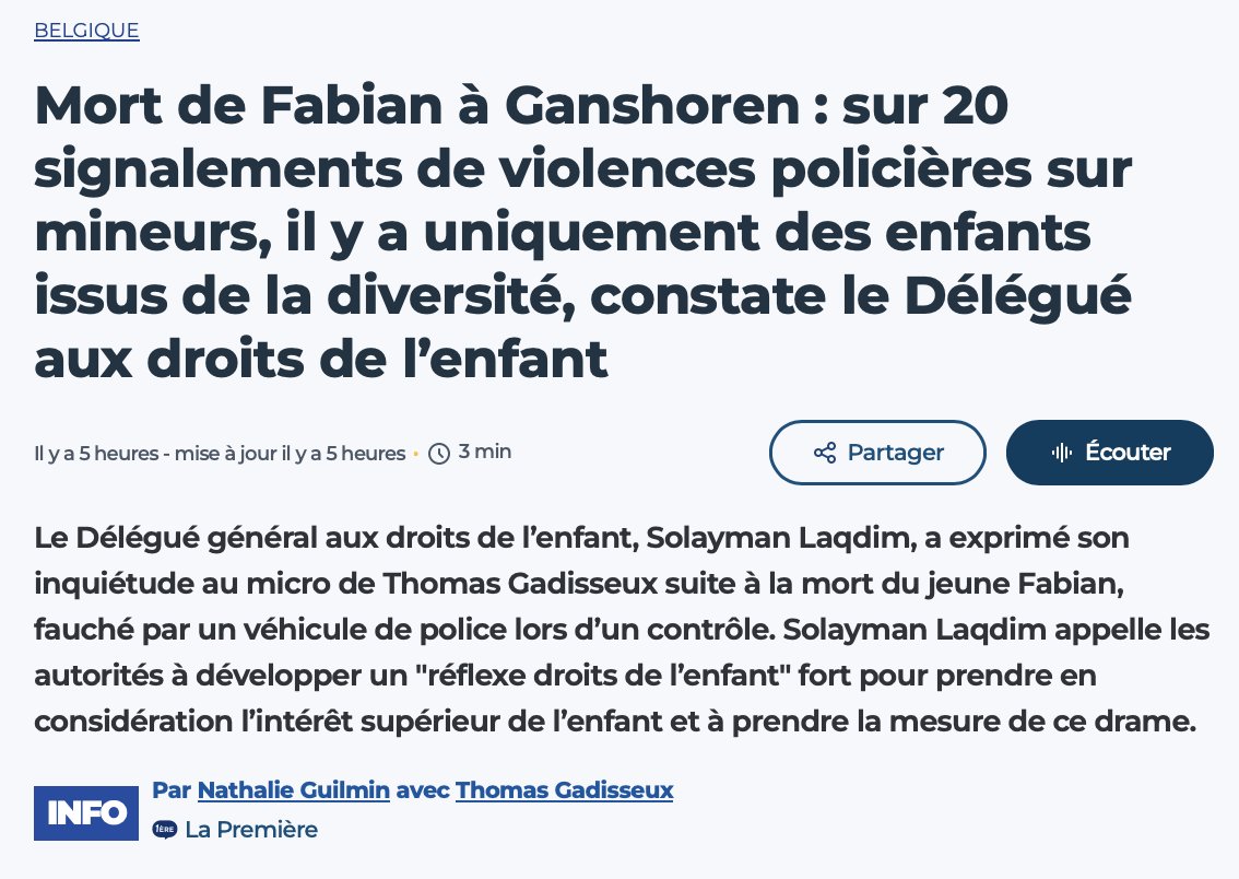 Aucun enfant ne devrait avoir peur de la police, garante de la protection et de la sécurité. La démesure de l'intervention a causé un drame irréversible. 
Urgent de rétablir la confiance entre la jeunesse et les forces de l'ordre. 
Soutien à la famille et aux proches de Fabian💔