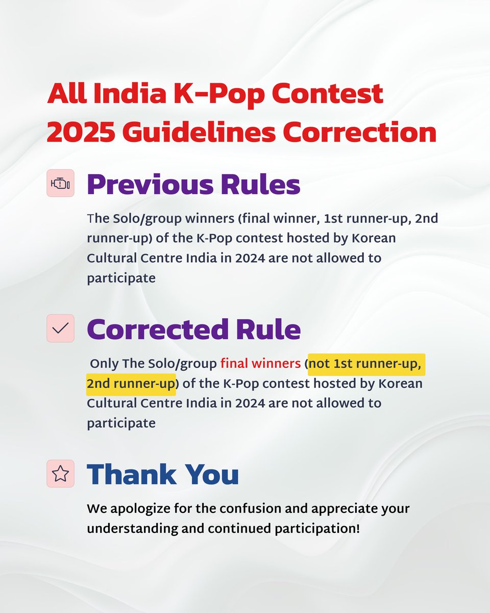 FINAL CALL: All India K-POP Contest 2025
✅ Submit your entry before the deadline!
✅ Follow the final guidelines carefully.
✅ Let your talent shine on the national stage!