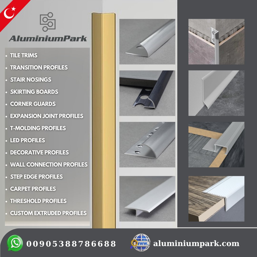 We specialize in the production of high-quality aluminum profiles including tile trims, transition profiles, stair nosings, skirting boards, and many other architectural and decorative solutions.
With our advanced production facilities in Turkey and a strong commitment to