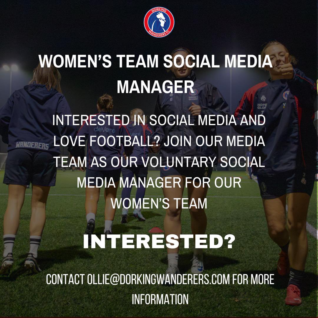 Dorking Wanderers Women (@dwfcwomen) on Twitter photo Women’s Team Social Media Manager
Interested in social media and love football? Join our media team as our voluntary social media manager for our women’s team.
Interested? Contact ollie@dorkingwanderers.com for more information #socialmedia #socialmediamanagers Women’s Team Social Media Manager
Interested in social media and love football? Join our media team as our voluntary social media manager for our women’s team.
Interested? Contact ollie@dorkingwanderers.com for more information #socialmedia #socialmediamanagers