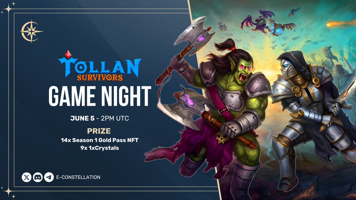 E-Constellation (@econstellation_) on Twitter photo Game Night with <a href="/TollanUniverse/">Tollan Universe</a>
Join us as we climb the leaderboard in Season 1!
🕹 Playable on PC
🗓 Thursday June 5 - 2PM UTC
✨ 14x Gold Pass
✨ 9x 1xCrystals
Join our Discord to participate ⤵️ Game Night with <a href="/TollanUniverse/">Tollan Universe</a>
Join us as we climb the leaderboard in Season 1!
🕹 Playable on PC
🗓 Thursday June 5 - 2PM UTC
✨ 14x Gold Pass
✨ 9x 1xCrystals
Join our Discord to participate ⤵️
