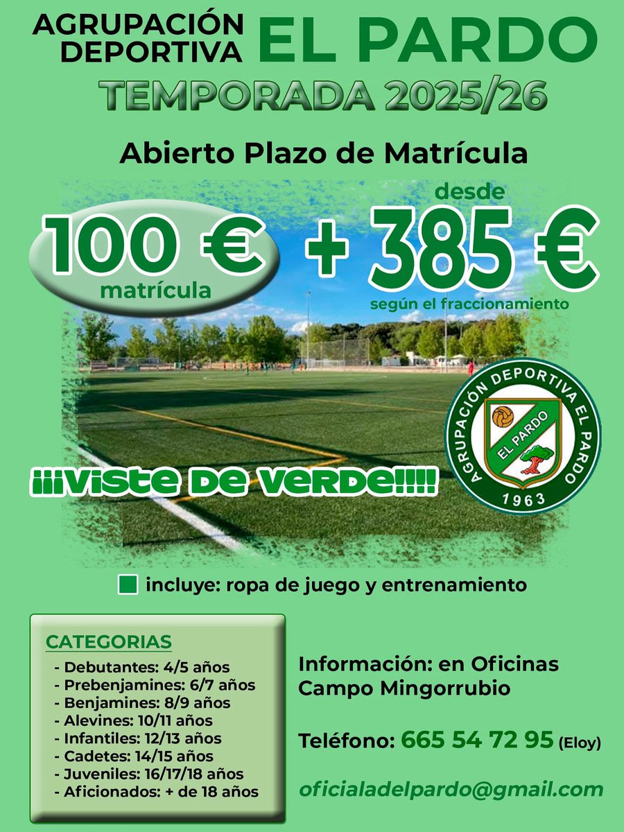 La próxima temporada ¡viste de verde!
Si necesitas ampliar la información:
oficial.adelpardo@gmail.com

¡Te esperamos!
𝐀.𝐃. 𝐄𝐋 𝐏𝐀𝐑𝐃𝐎 
adelpardo.com 
@ad_el_pardo_1963

¡Vamos Pardo! 💚
#elpardo 🦌
#mingorrubio
#Escueladefútbolelpardo ⚽️