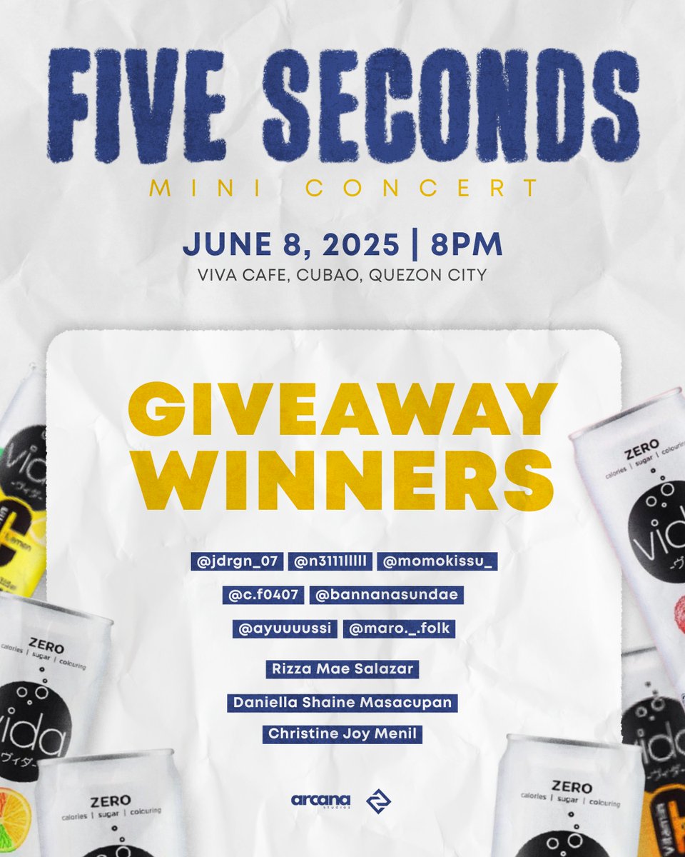 GenZixOfficial's tweet photo. FIVE SECONDS: MINI CONCERT GIVEAWAY WINNERS! 💜
Brought to you by Vida Drink!

5 Seconds: Mini Concert 🎤
🗓️ June 8, 2025 | 8PM
📍 Viva Cafe
🔗 https://t.co/sZFE6N4RRF

#GenZix #GenZix5Seconds #GenZixReCreate https://t.co/ImxSJvMHbJ