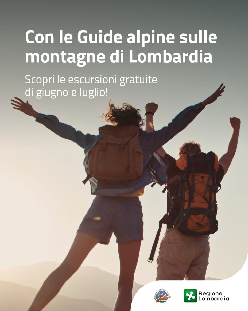 RegLombardia's tweet photo. Tornano anche quest'anno gli appuntamenti gratuiti con le #GuideAlpine sulle #MontagnediLombardia! 12 escursioni nei weekend tra 28 giugno e 27 luglio, più tante attività fino all'autunno. 📌 Guarda il calendario completo e iscriviti!
Più info 👉 https://t.co/Jzomp2TBaV https://t.co/BgiCzmseF9