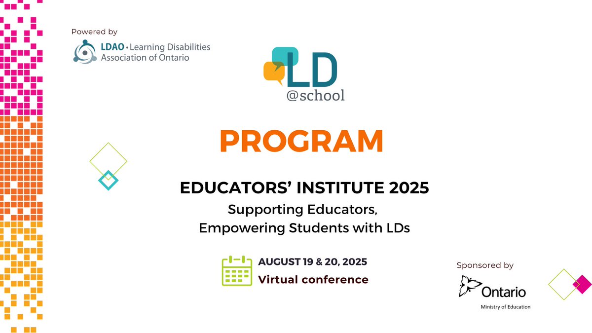 🗓 Save the date! The 2025 Educators’ Institute is happening Aug 19–20💡
Explore the full program packed with educator-friendly strategies. #EducatorsInstitute25 #LDAO
Explore sessions &amp; get inspired:
🔗 ldatschool.ca/annual-educato…