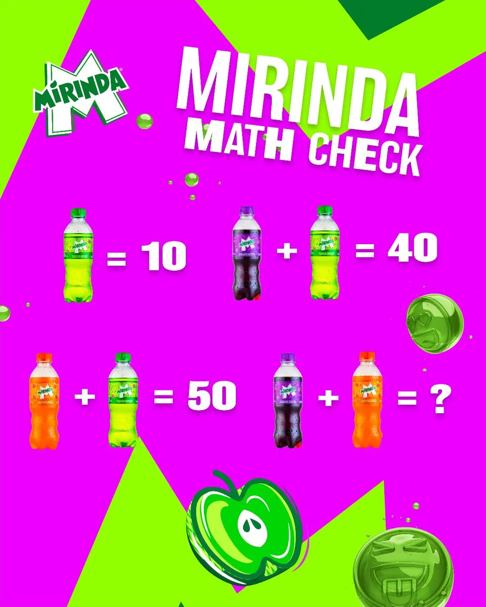 mirindaUg's tweet photo. Can you solve this Mirinda math puzzle? 🍊🍏
Do the math and drop your answer below, let’s add some flavor to your brain game! 😎
#flavorthatslaps #LetsGetFlavored https://t.co/O8y9l9VJfe