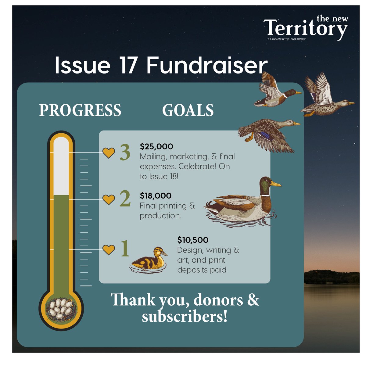 newterritorymag's tweet image. We tipped above our 2nd fundraising goal this week! Just one more to go.
Learn how you can help keep this Lower Midwest print magazine going: newterritorymag.com/donate/issue-1…