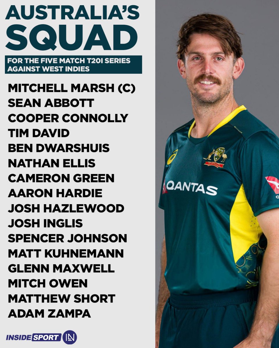 InsideSportIND's tweet photo. Australia have announced their 16 member squad led by Mitchell Marsh for the five match T20I series against West Indies starting from 21st July, 2025 🏏

#AUSvWI #T20I #CricketAustralia #MMarsh #Insidesport #CricketTwitter https://t.co/ZDVgDcWyVt