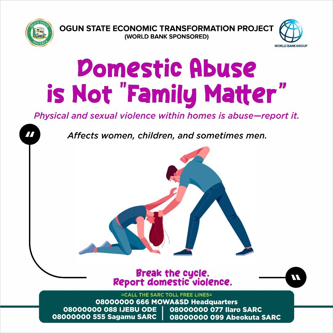 OladosuOlabisi2's tweet image. DOMESTIC ABUSE IS NOT A FAMILY MATTER
Violence is not love,Speak out. Report now.
Toll-Free:
08000000666 | 08000000088 | 08000000055 | 08000000077  08000000099
@ogstep_2020 @WBG_Nigeria @hon_motunrayo
#YellowRevolutionAgainstGBV #SafeCentersOgun #EndGBVOgun #EndSEA #OGSTEPGender