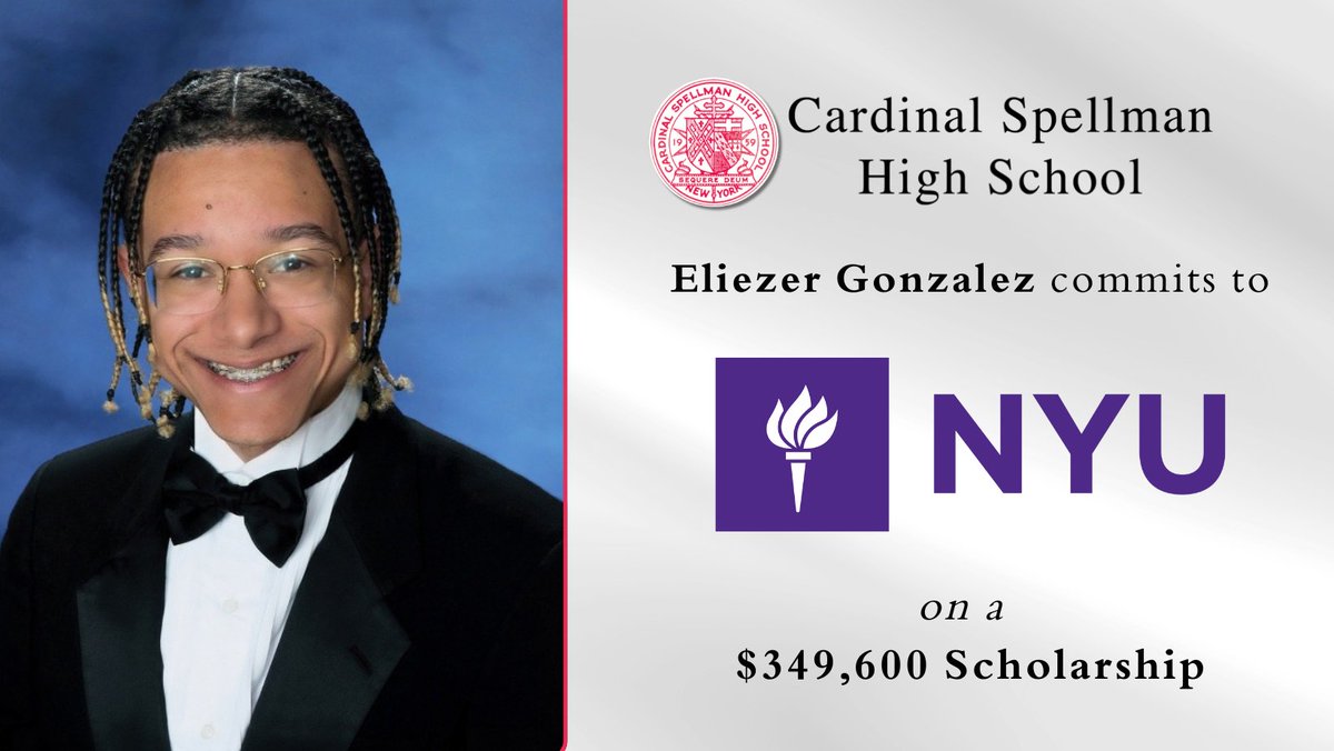 #SpellmanScholar Eliezer Gonzalez has committed to <a href="/nyuniversity/">New York University</a> on a $349,600 scholarship and will major in Film and Television Production.

Eliezer is an honor roll student, President of Film Club, Model UN, &amp; Rho Kappa Honor Society, &amp; a member of Sociedad Honoraria Hispanica.