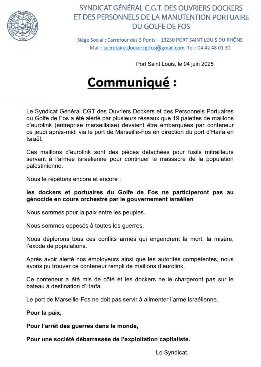 Bravo aux dockers du port de Marseille-Fos qui refusent de charger des pièces destinées à l'armée israélienne. La France doit décréter un embargo sur les ventes d'armes à Israël pour stopper la politique génocidaire de Netanyahou !