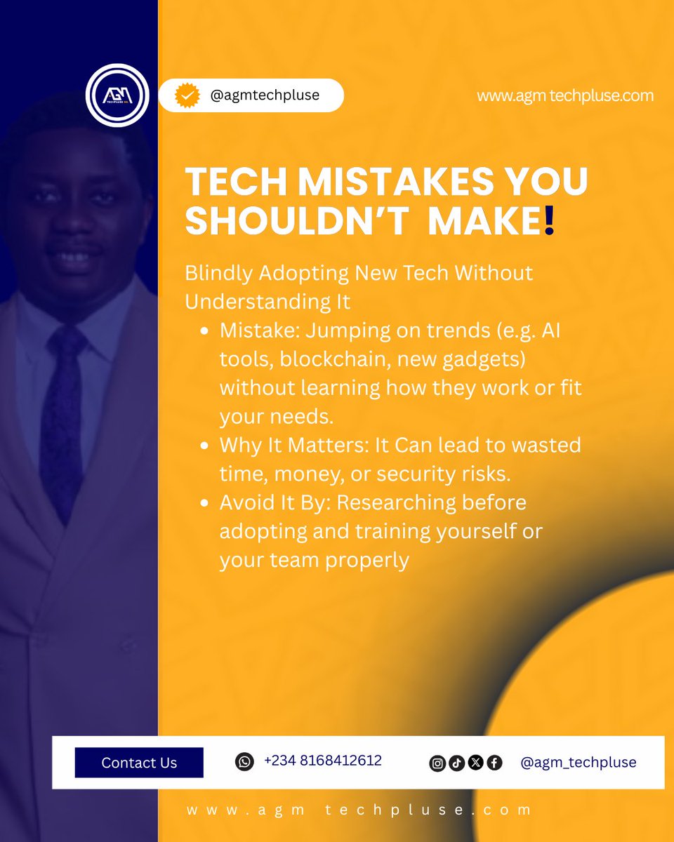 AGM_TECHPLUSE's tweet image. Tech Mistake You Can’t Afford to Make!
Chasing every new trend without understanding it can cost more than you think. Avoid these mistakes and take your tech game to the next level.
#SmartTechMoves #DigitalStrategy #TechTips #BusinessTech #TechTrends #AGMTechPluse #Innovativetech