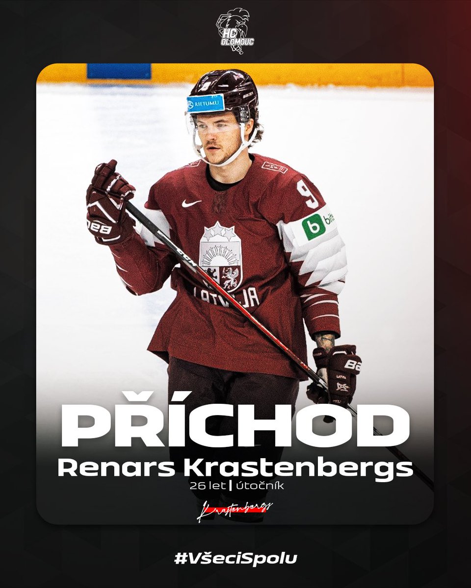 Nová tvář v útoku! 🐔
Do Olomouce přichází lotyšský reprezentant Renārs Krastenbergs, účastník MS a bronzový medailista z roku 2023.
Laipni lūdzam Olomoucā, Renārs! 💪🏻

📲 Více informací 👉🏼 hc-olomouc.cz/article/8323-Z…
