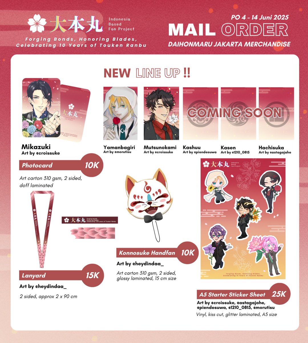 inasaniwa's tweet image. 🌸 PO MAIL ORDER #DAIHONMARUJAKARTA2025 SPECIAL MERCH 📣

Halo, saniwa-tachi 🙌
Siapa nih yang kemarin tertarik sama merch gathering Jakarta? 👀

Kami membuka PO Mail Order untuk produk berikut⬇️

🗓 Periode: 4 Juni - 14 Juni 2025
📦 Form: forms.gle/k9qtUpLQpVW8L9…