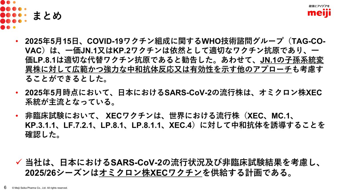 新型コロナワクチン 2025/26シーズン
日本におけるワクチン株 5月28日時点予定

●LP.8.1ワクチン
ファイザー, モデルナ, 武田薬品(ヌバキソビッド)

●XECワクチン
第一三共, Meiji(コスタイベ)