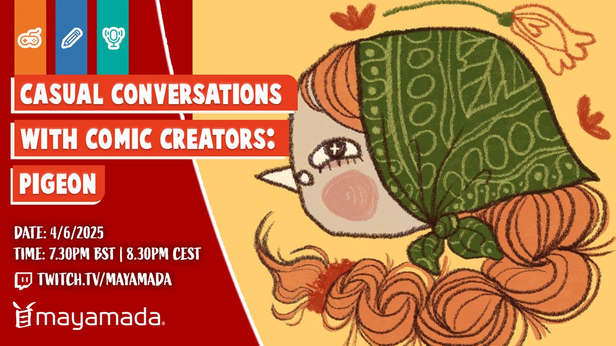 mayamada's tweet image. 🗓️ Casual Conversations With Comic Creators returns TONIGHT, Weds 4 June, 7:30PM GMT. Join Nigel & @yourlilpigeon as we chat about her @MCMComicCon highlights & her upcoming comic!
Watch live on @mayamada channels:
🎥 twitch.tv/mayamada
📺 youtube.com/@mayamadatv