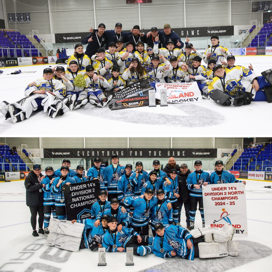 <a href="/ice_sheffield/">iceSheffield</a> <a href="/SheffAcademy/">Sheffield Ice Hockey Academy</a> <a href="/StreathamIce/">STREATHAM Youth Ice Hockey Club</a> Under 14s -

▪️Div 1 North: <a href="/LeedsJrKnights/">Leeds Junior Knights</a>
▪️Div 1 South: Chelmsford Braves

Div 1 national champions: Leeds Junior Knights

▪️Div 2 North: <a href="/Kingston_Sharks/">Kingston Ice Hockey Club</a>
▪️Div 2 South: Chelmsford Golden Eagles

Div 2 national champions: Kingston Sharks

🧵 [3/5]