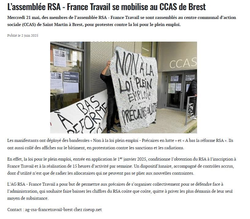 Protestation contre la réforme RSA-France Travail à Brest par les camarades de l'AG RSA France Travail ! 

Bravo à eux, continuons à nous organiser en vue d'agiter le refus du travail et du travaillisme grandissant ! 🐈‍⬛🔥