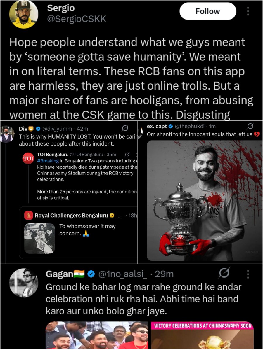 hyperkohli's tweet image. Using people&apos;s life loss for pushing agenda against RCB and kohli, these csk fans are no human at all