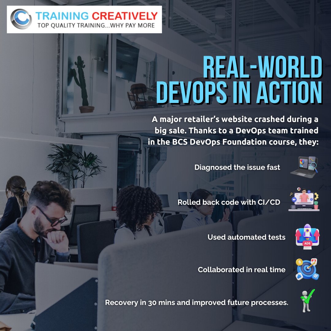 traincreatively's tweet image. When every second counts, DevOps makes the difference.
The BCS DevOps Foundation course empowers teams to respond fast, recover smarter, and continuously improve.

#BCSDevOpsFoundation #DevOpsCulture #ITExcellence #AgileTransformation #RealWorldSkills