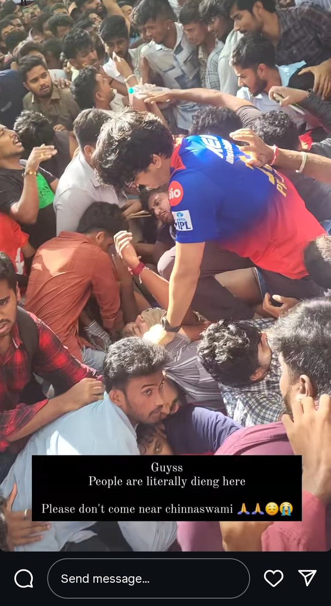 saipansayyad's tweet photo. Heartbreaking Update from #ChinnaswamyStadium
#RCB celebration turns tragic..
💔 Stampede kills 7, injures 25+
Please avoid the area.
Let’s celebrate responsibly — no trophy is worth a life. 🕊️
Stay safe. 🙏 https://t.co/OxmXNDZV6J
