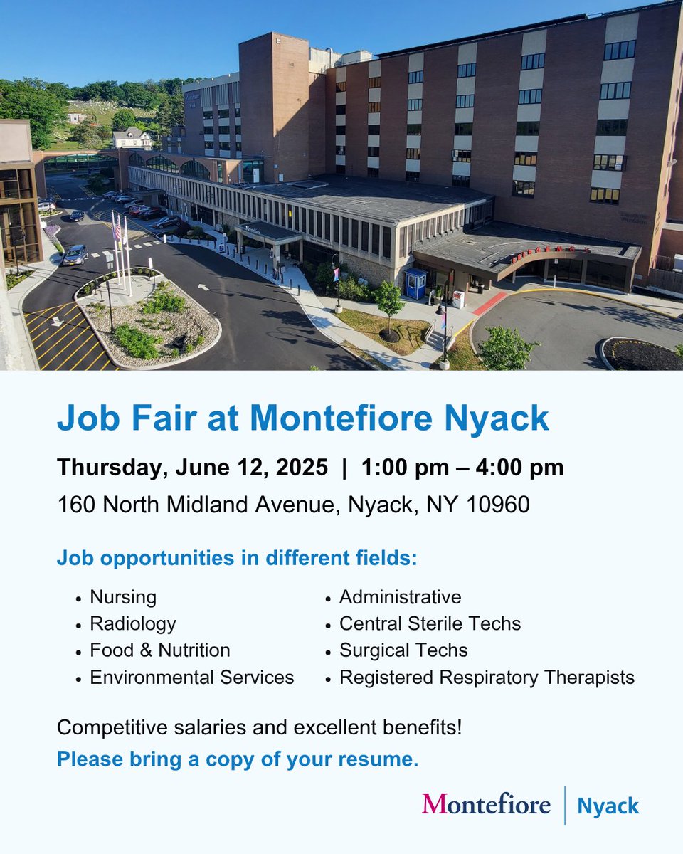 Join us on Thursday, June 12th, from 1-4 PM for our job fair! We strongly encourage job seekers to bring their resume. To explore career opportunities at Montefiore Nyack Hospital, visit montefiorenyack.org/careers.