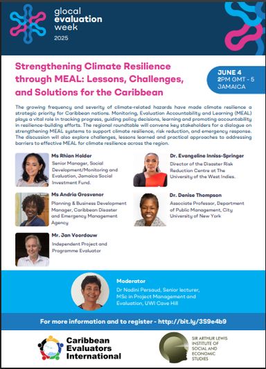 CCCEur's tweet image. FYI: @SALISESMona CEI Roundtable &apos;Strengthening Climate Resilience through MEAL: Lessons, Challenges, and Solutions for the Caribbean.&apos;  buff.ly/QSKUTvm #Caribbean #Evaluators #GEI #GlobalEvaluationWeek #GEW2025 #Jamaica #UWI #MonaSALISES #ClimateResilience #Strengthening