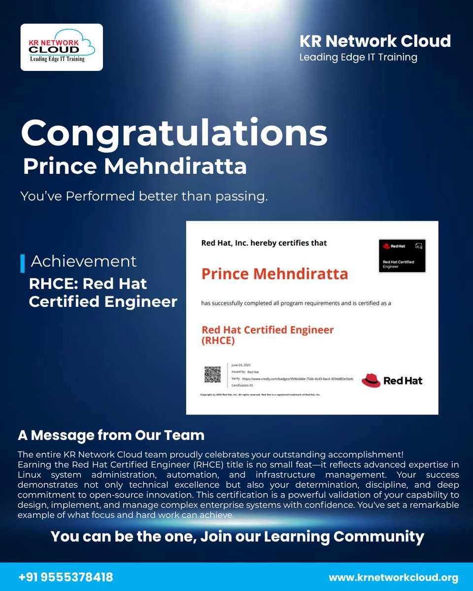 KRNetworkCloud1's tweet image. 🎉💼 𝐁𝐢𝐠 𝐂𝐨𝐧𝐠𝐫𝐚𝐭𝐬 𝐭𝐨 Prince
📸 𝐒𝐰𝐢𝐩𝐞 𝐭𝐨 𝐰𝐢𝐭𝐧𝐞𝐬𝐬 𝐭𝐡𝐞 𝐜𝐞𝐥𝐞𝐛𝐫𝐚𝐭𝐢𝐨𝐧 𝐨𝐟 𝐭𝐡𝐢𝐬 𝐩𝐫𝐨𝐮𝐝 𝐦𝐢𝐥𝐞𝐬𝐭𝐨𝐧𝐞!
#RHCE #RedHatCertifiedEngineer #LinuxCertification #SystemAdmin #DevOpsSuccess #KRNetworkCloud #EX294 #LinuxEngineer #TechCareer